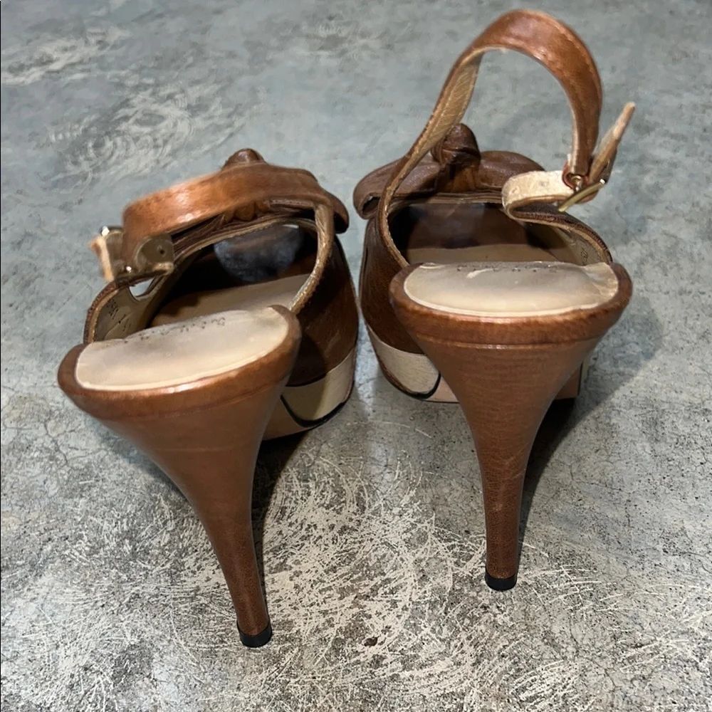 * Stuart Weitzman Brown and Cream Peep-Toe Heels - Picture 6 of 9